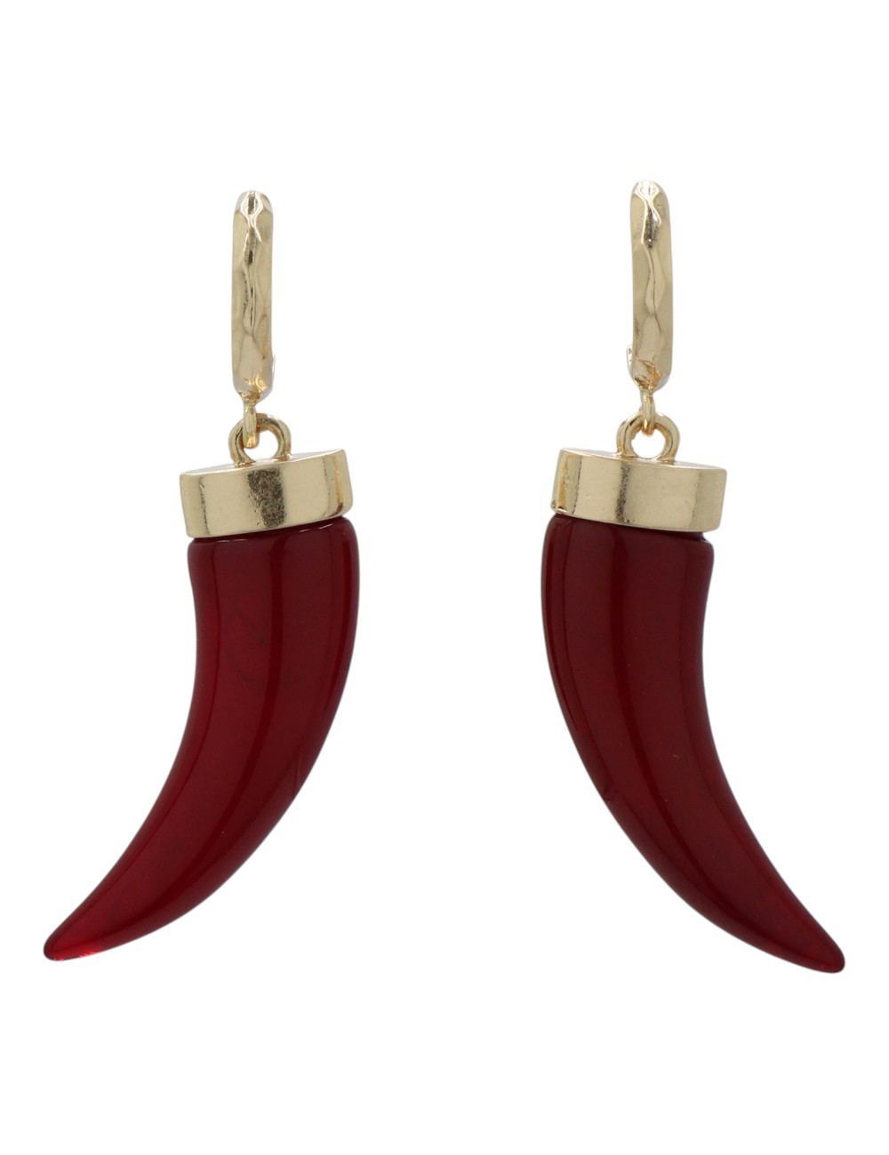 PENDIENTES DE ARO DORADO CON COLGANTE DE CUERNO EN RESINA BURDEOS