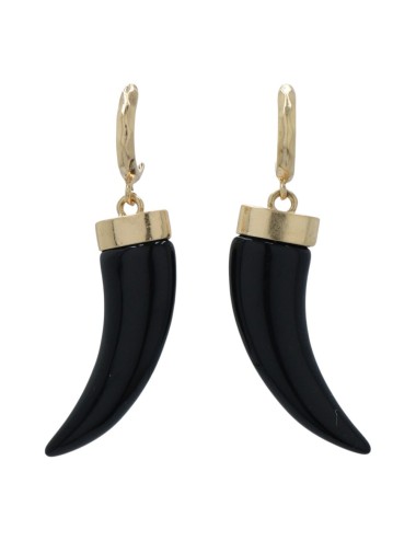 PENDIENTES DE ARO DORADO CON COLGANTE DE CUERNO EN RESINA NEGRA
