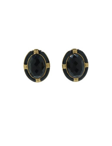 PENDIENTES DE BOTÓN OVALADOS NEGROS CON CRISTAL FACETADO Y ENGASTES DORADOS