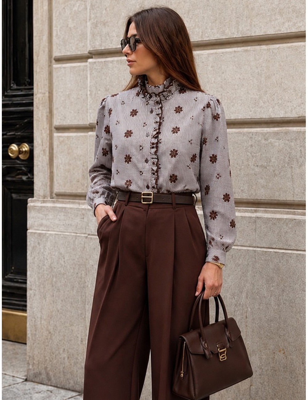 CAMISA DE CUADRO VICHY CON BORDADOS DE FLORES Y VOLANTES MARRÓN