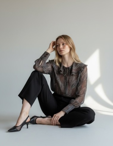 BLUSA DE GASA CON ESTAMPADO PAISLEY CON VOLANTES