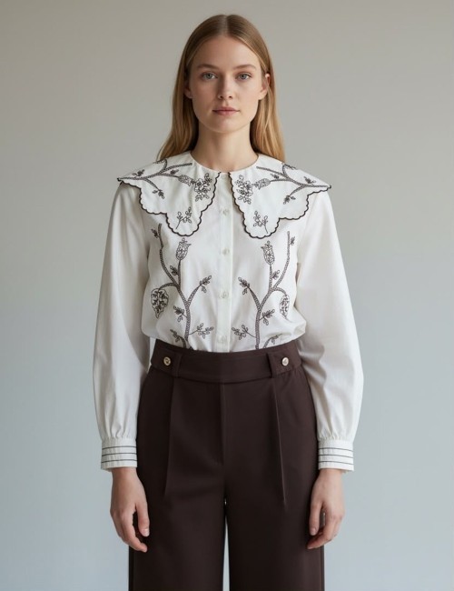 CAMISA CUELLO BOBO CON BORDADOS FLORALES MARRONES