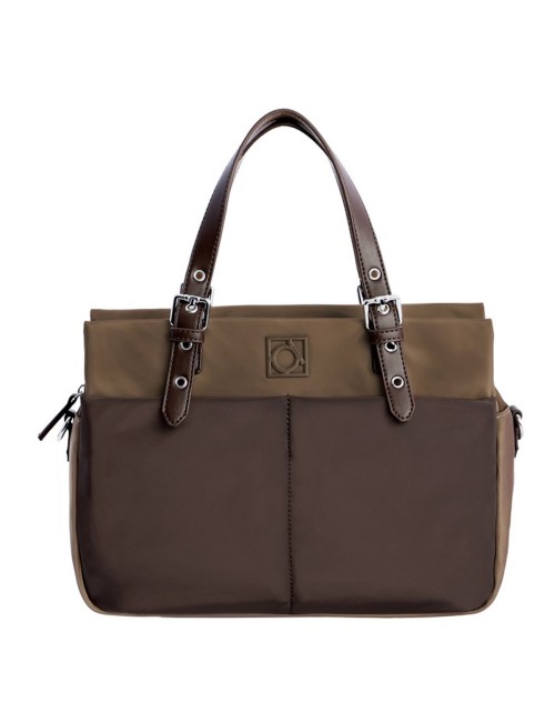 BOLSO SHOPPER DE NYLON COMBINADO BICOLOR MARRÓN