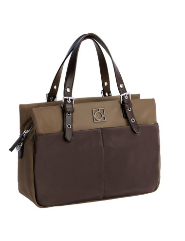 BOLSO SHOPPER DE NYLON COMBINADO BICOLOR MARRÓN