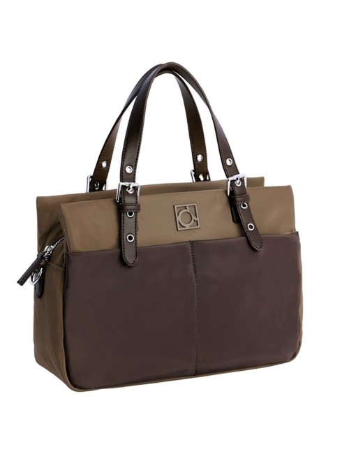 BOLSO SHOPPER DE NYLON COMBINADO BICOLOR MARRÓN