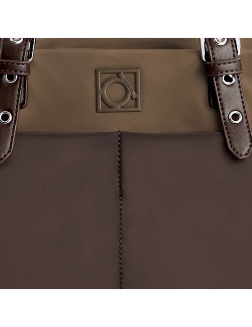 BOLSO SHOPPER DE NYLON COMBINADO BICOLOR MARRÓN