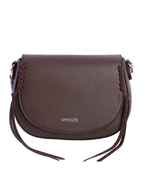 BOLSO BANDOLERA OVALADO CON DETALLES DE CORDÓN TRENZADO Y FLECOS MARRÓN