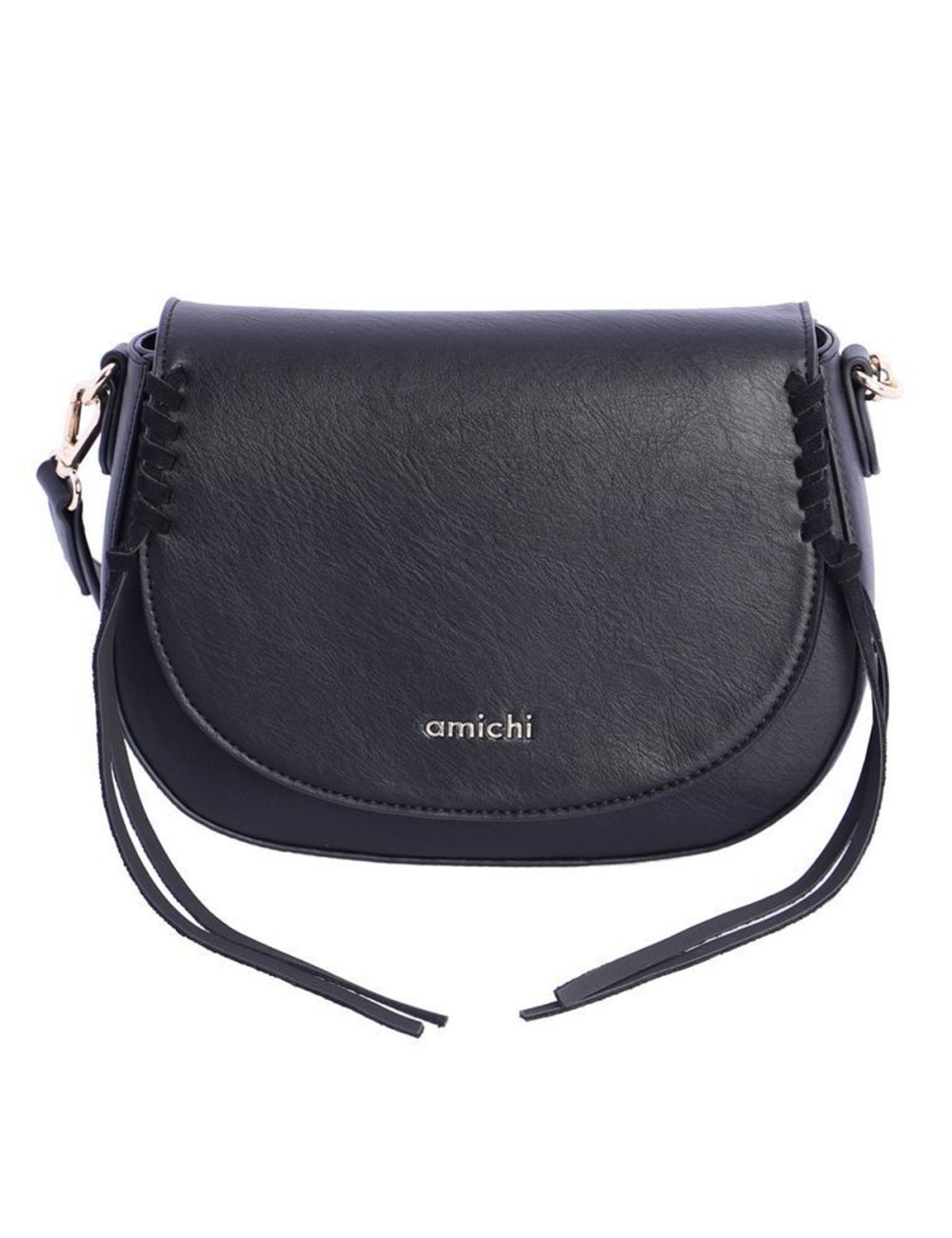 BOLSO BANDOLERA OVALADO CON DETALLES DE CORDÓN TRENZADO Y FLECOS NEGRO