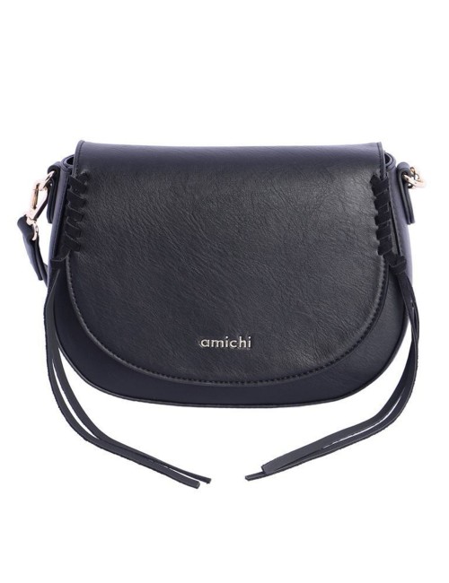 BOLSO BANDOLERA OVALADO CON DETALLES DE CORDÓN TRENZADO Y FLECOS NEGRO