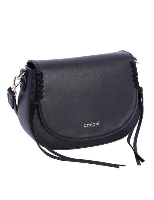 BOLSO BANDOLERA OVALADO CON DETALLES DE CORDÓN TRENZADO Y FLECOS NEGRO