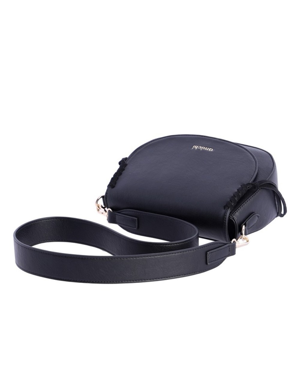 BOLSO BANDOLERA OVALADO CON DETALLES DE CORDÓN TRENZADO Y FLECOS NEGRO