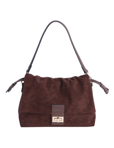 BOLSO HOMBRO CON SOLAPA FRUNCIDA ANTE MARRÓN