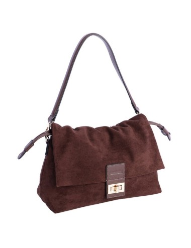 BOLSO HOMBRO CON SOLAPA FRUNCIDA ANTE MARRÓN