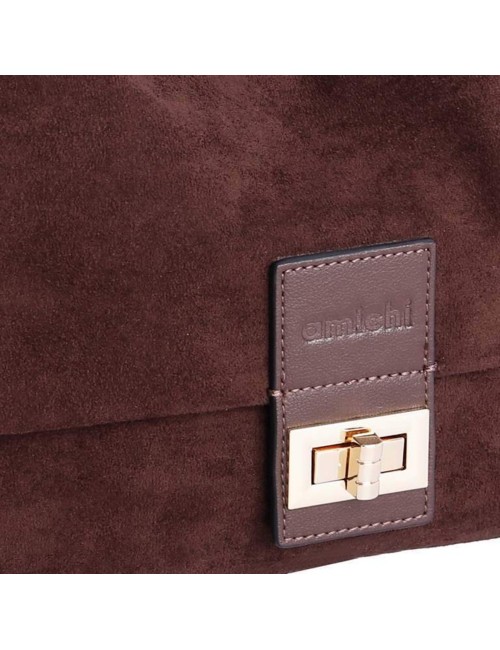 BOLSO HOMBRO CON SOLAPA FRUNCIDA ANTE MARRÓN