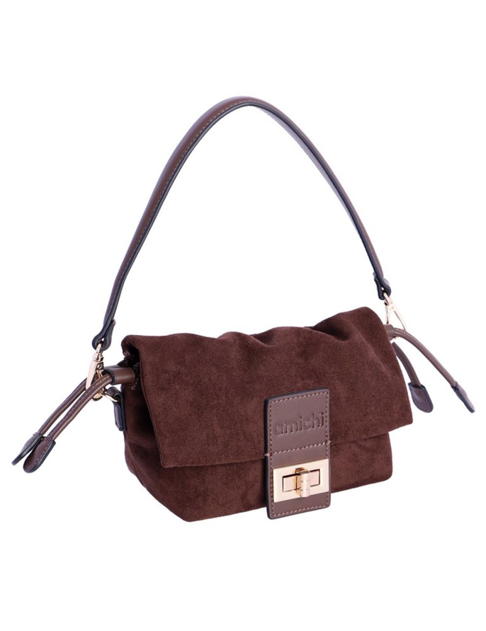 BOLSO BANDOLERA CON SOLAPA FRUNCIDA ANTE MARRÓN