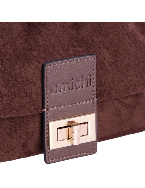 BOLSO BANDOLERA CON SOLAPA FRUNCIDA ANTE MARRÓN