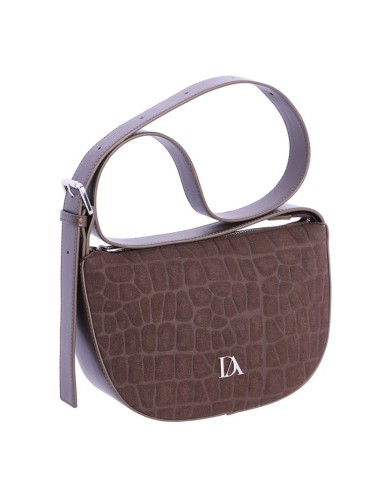 BOLSO BANDOLERA MEDIA LUNA ANTE GRABADO COCODRILO MARRÓN