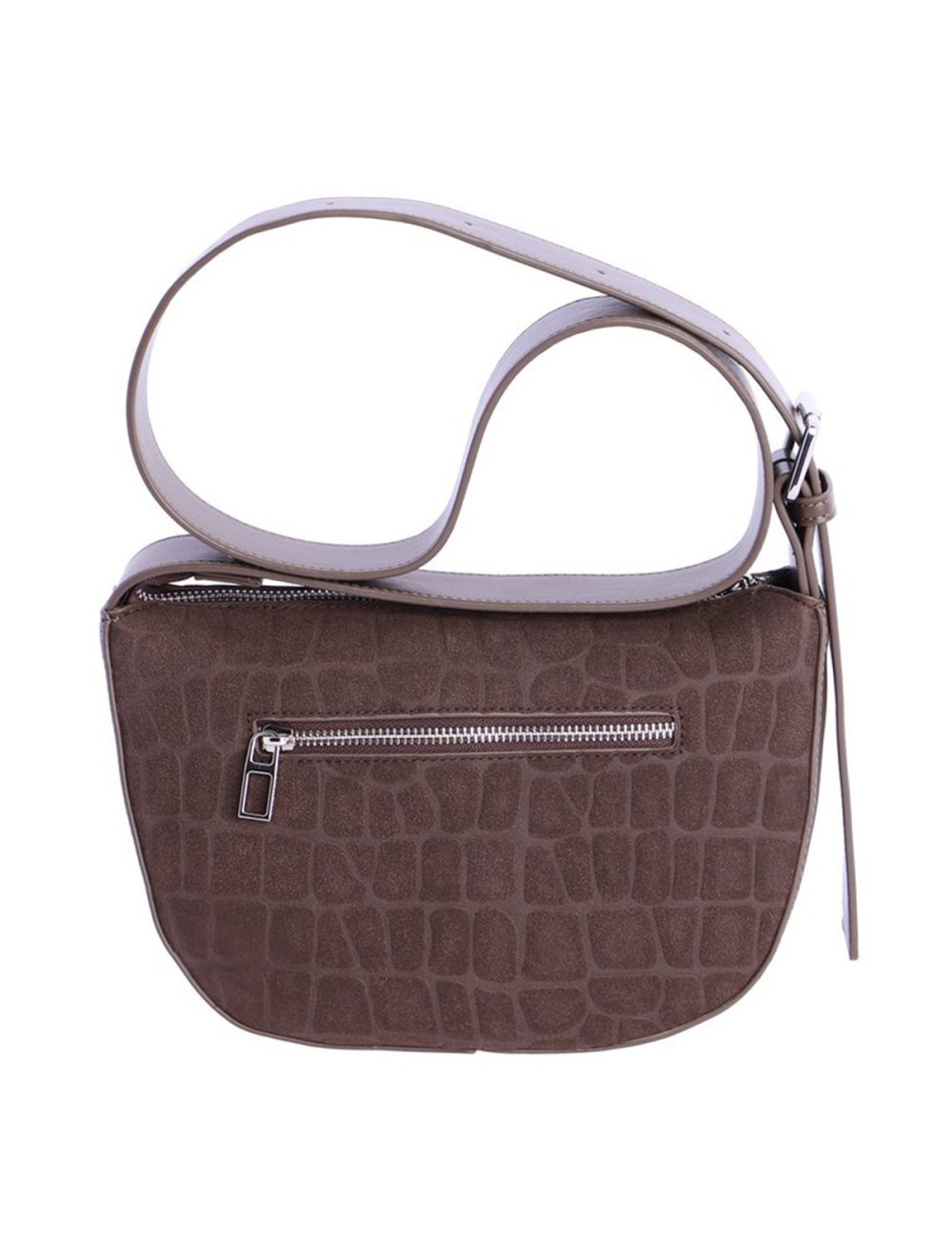 BOLSO BANDOLERA MEDIA LUNA ANTE GRABADO COCODRILO MARRÓN