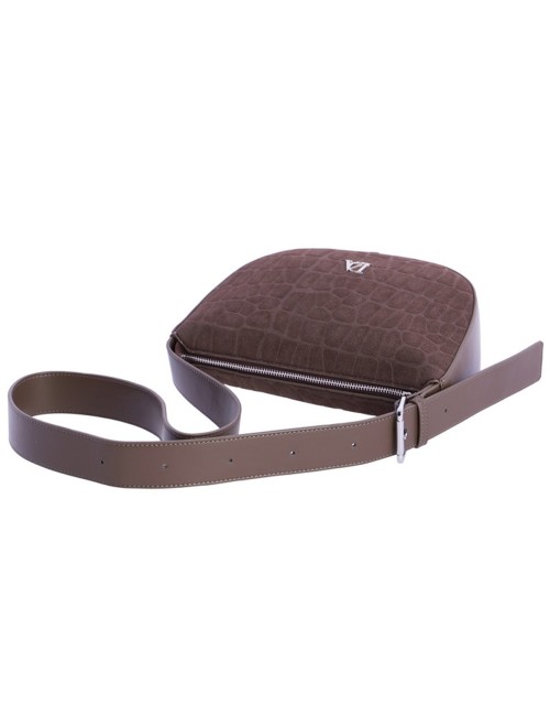 BOLSO BANDOLERA MEDIA LUNA ANTE GRABADO COCODRILO MARRÓN
