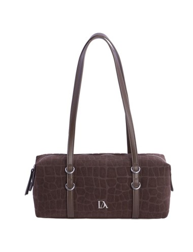 BOLSO HOMBRO ALARGADO ANTE GRABADO COCO CON DOBLE ASA Y ANILLAS MARRÓN