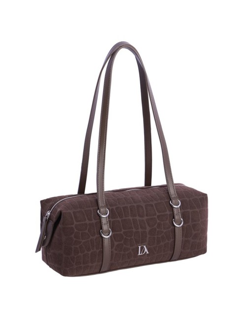 BOLSO HOMBRO ALARGADO ANTE GRABADO COCO CON DOBLE ASA Y ANILLAS MARRÓN