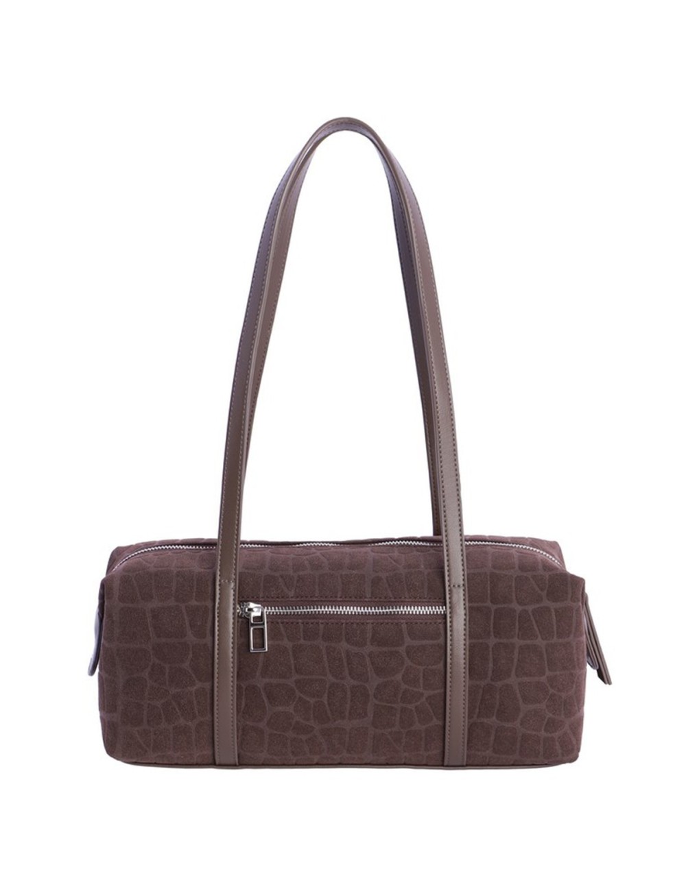 BOLSO HOMBRO ALARGADO ANTE GRABADO COCO CON DOBLE ASA Y ANILLAS MARRÓN