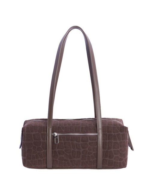 BOLSO HOMBRO ALARGADO ANTE GRABADO COCO CON DOBLE ASA Y ANILLAS MARRÓN