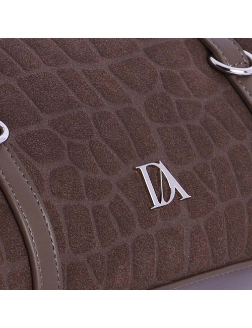 BOLSO HOMBRO ALARGADO ANTE GRABADO COCO CON DOBLE ASA Y ANILLAS MARRÓN