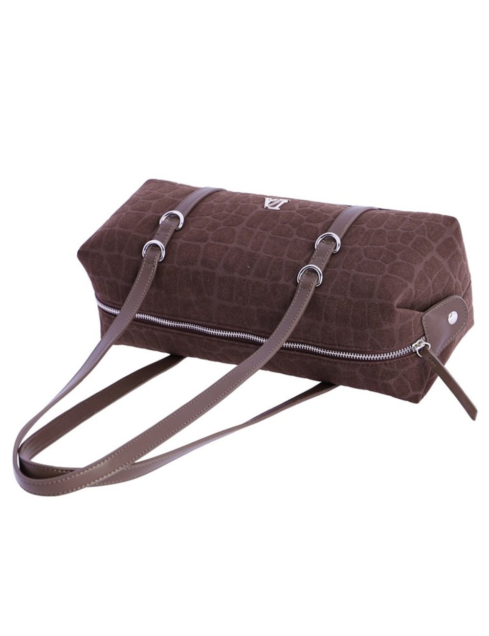 BOLSO HOMBRO ALARGADO ANTE GRABADO COCO CON DOBLE ASA Y ANILLAS MARRÓN