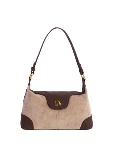 BOLSO HOMBRO BIMATERIAL CON SOLAPA CURVA BEIGE Y MARRÓN