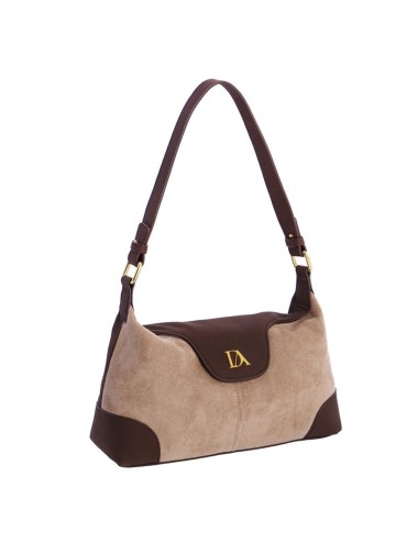 BOLSO HOMBRO BIMATERIAL CON SOLAPA CURVA BEIGE Y MARRÓN