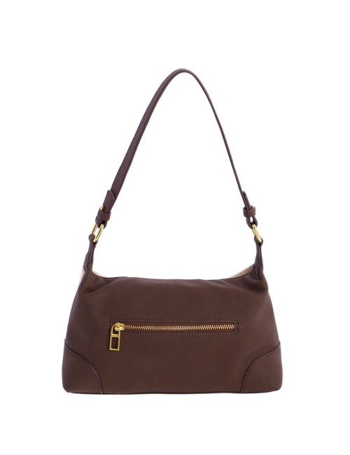 BOLSO HOMBRO BIMATERIAL CON SOLAPA CURVA BEIGE Y MARRÓN