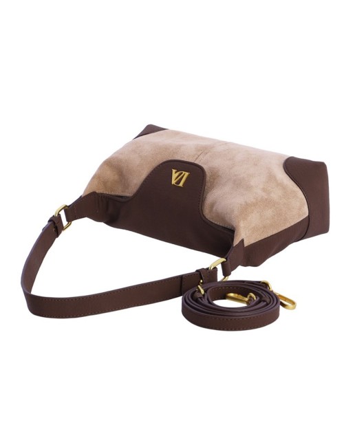 BOLSO HOMBRO BIMATERIAL CON SOLAPA CURVA BEIGE Y MARRÓN