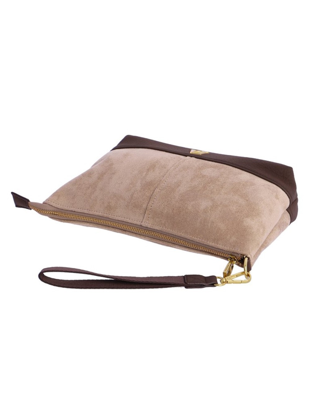 BOLSO DE MANO ANTE BICOLOR BEIGE Y MARRÓN