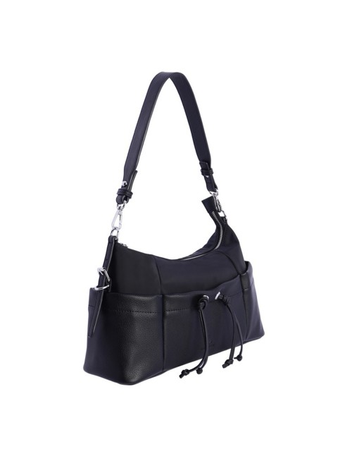 BOLSO HOMBRO HOBO BIMATERIAL CORDÓN FRUNCIDO NEGRO