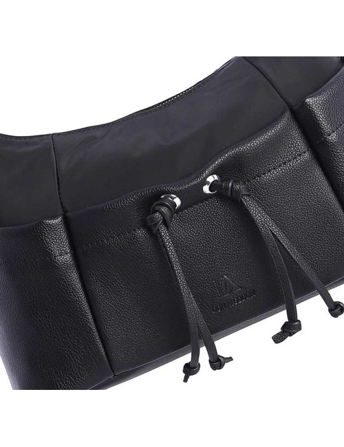 BOLSO HOMBRO HOBO BIMATERIAL CORDÓN FRUNCIDO NEGRO