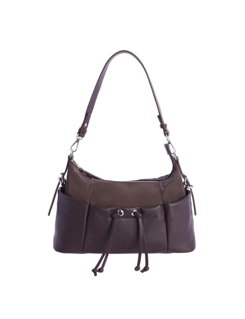 BOLSO HOMBRO HOBO BIMATERIAL CORDÓN FRUNCIDO MARRÓN