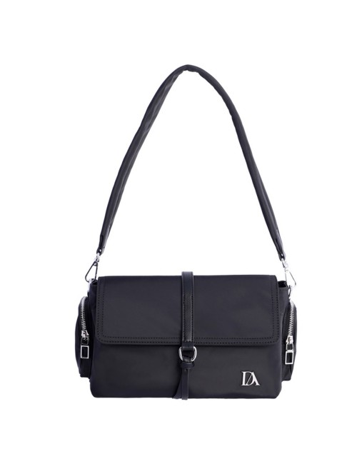 BOLSO BANDOLERA NAILON CON SOLAPA Y TIRA CENTRAL NEGRO