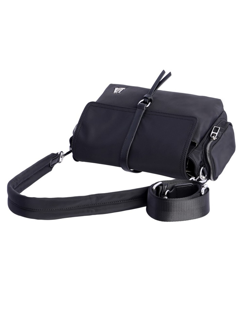 BOLSO BANDOLERA NAILON CON SOLAPA Y TIRA CENTRAL NEGRO