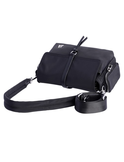BOLSO BANDOLERA NAILON CON SOLAPA Y TIRA CENTRAL NEGRO