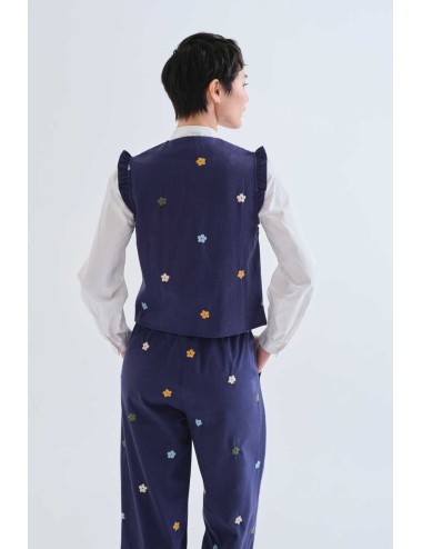 CHALECO 100% ALGODÓN AZUL MARINO CON BORDADOS DE FLORES