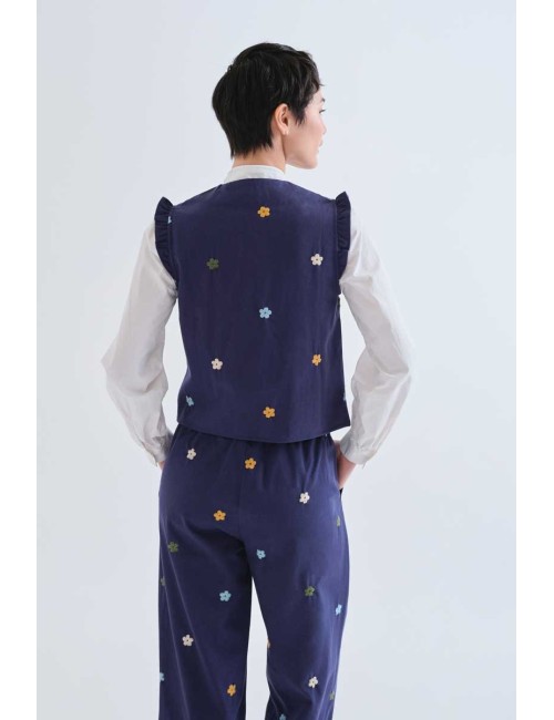 CHALECO 100% ALGODÓN AZUL MARINO CON BORDADOS DE FLORES
