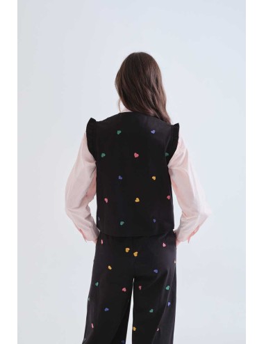 CHALECO 100% ALGODÓN NEGRO CON BORDADOS DE CORAZONES MULTICOLORES