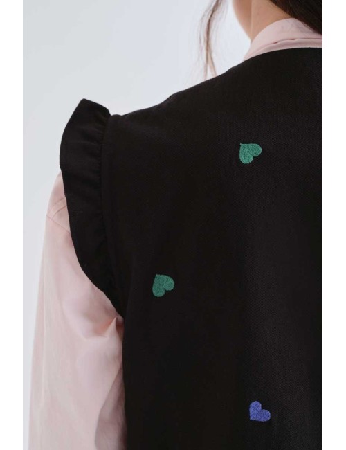 CHALECO 100% ALGODÓN NEGRO CON BORDADOS DE CORAZONES MULTICOLORES