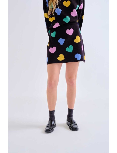 FALDA CORTA DE PUNTO ESTAMPADO CORAZONES MULTICOLORES