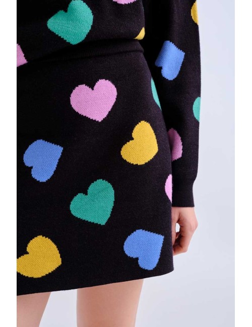 FALDA CORTA DE PUNTO ESTAMPADO CORAZONES MULTICOLORES