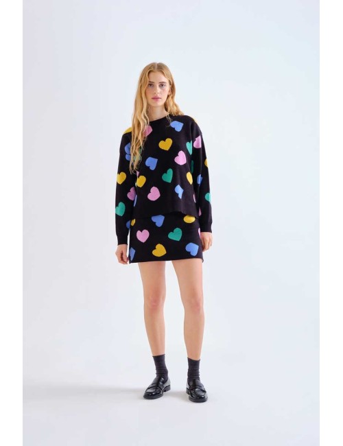 FALDA CORTA DE PUNTO ESTAMPADO CORAZONES MULTICOLORES