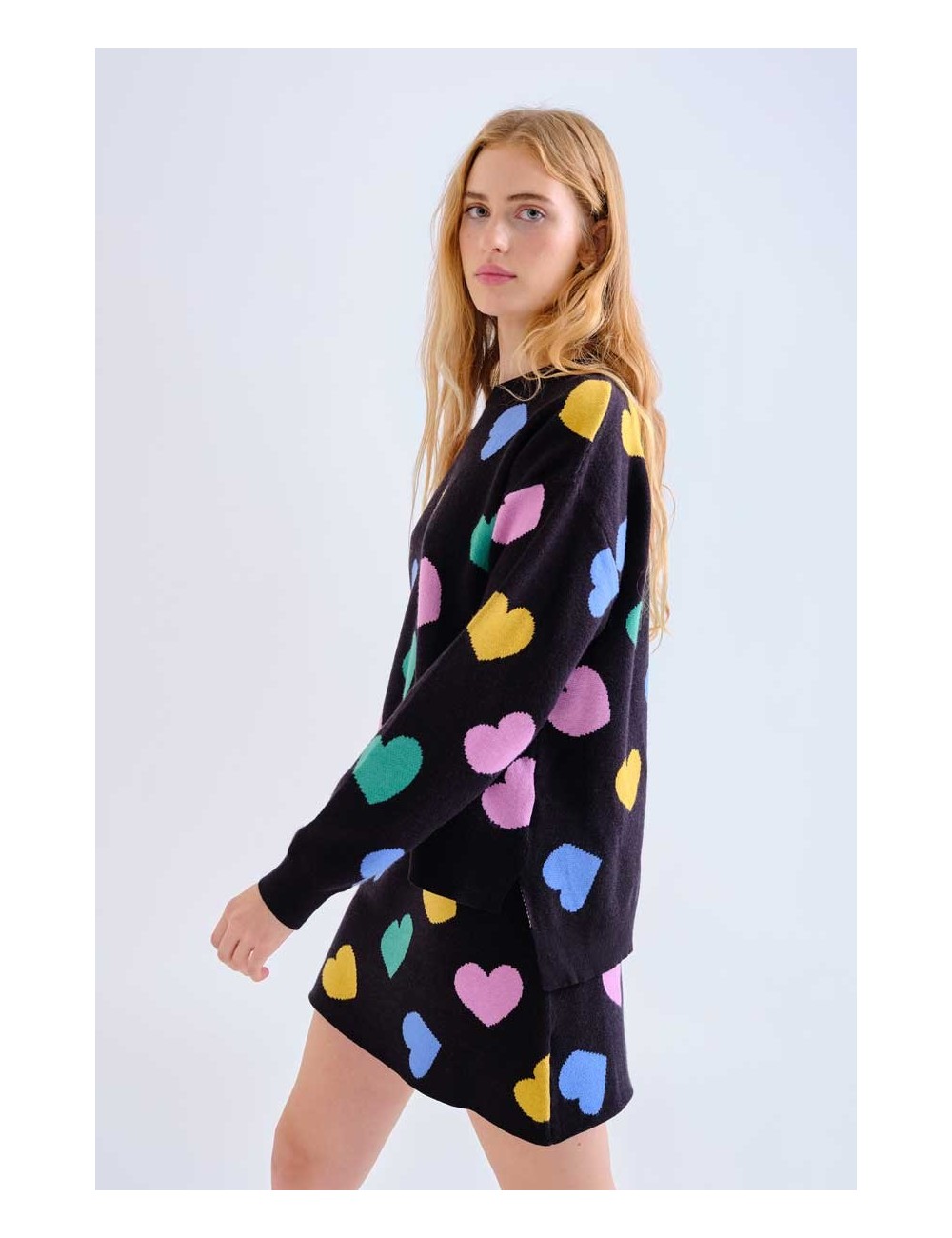 FALDA CORTA DE PUNTO ESTAMPADO CORAZONES MULTICOLORES