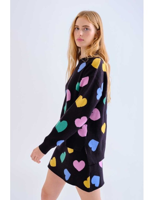 FALDA CORTA DE PUNTO ESTAMPADO CORAZONES MULTICOLORES