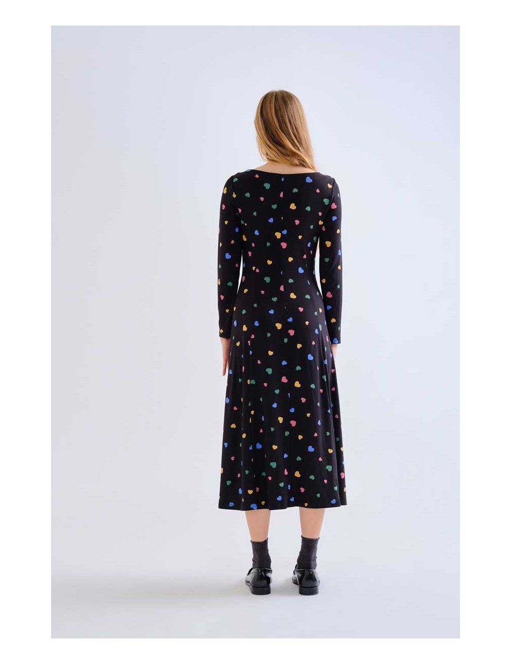 VESTIDO LARGO ESTAMPADO CORAZONES MULTICOLORES